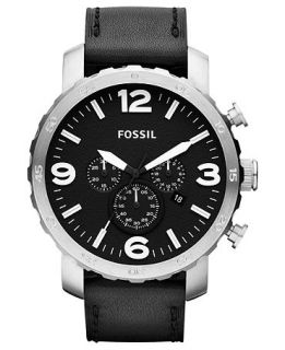 Fossil Watch, Mens Chronograph Nate Black Leather Strap 50mm JR1436