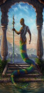 Temple Snake Naga Serpent Warrior Merman Fantasy Art Giclee