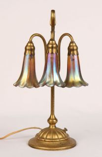Antique Tiffany Table 3 Light Lily Lamp Gold Dore LCT Favrille Shades