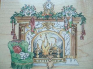 CHRISTMAS FIREPLACE MANTLE W CAT DOG by STAMPS HAPPEN rubber stamp