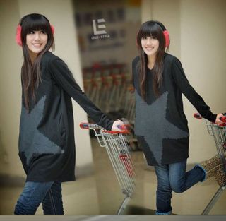 Quality Leisure and Loose Style Long T Shirt with Large Five Pointed