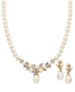 14k Gold Jewelry Set, Cultured Freshwater Pearl and Diamond Necklace