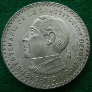 1957 Juarez 5 Pesos Mexican Silver Coin Centennial AU