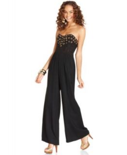 Angie Juniors Jumpsuit, Strapless Palazzo Studded Bustier   Juniors