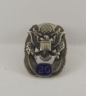 Sterling Silver Military Enameled 20 Year Service Pin Eagle Army