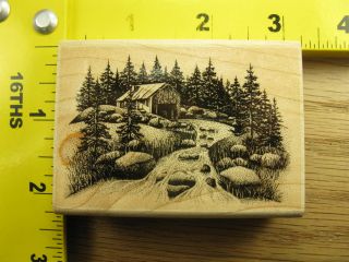Stampscapes Old Mill Scenery River Trees Rocks Rubber Stamp 1651