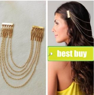 New Nice Elegant Gold Chains Fringe Tassel Hair Comb Cuff Womens Head