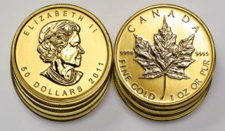 Ten 2011 Gem BU Canadian Maple Leaf 1oz Gold 9999