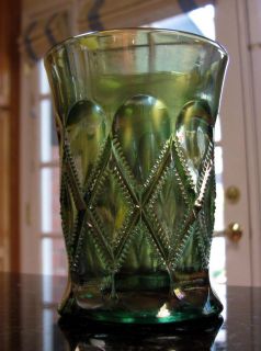 Millersburg Diamonds Green Carnival Glass Tumbler Circa 1910s