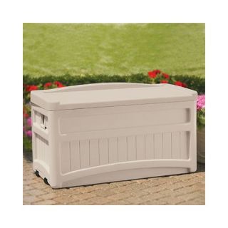 Suncast Resin 73 Gallon Deck Box with Seat and Wheels in Light Taupe