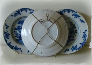 Set of 3 Dutch Delft Plates 18th Century Floral