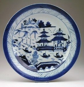 Large Antique 19thC Edo Japanese Blue White Canton Style Porcelain