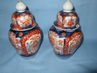 Good Old Pair of Oriental Handpainted Imari Covered Jars Vases
