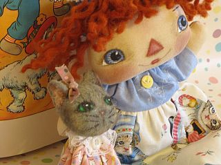OOAK Primitive Whimsical Raggedy Ann Anne and Her Kitty Fluff