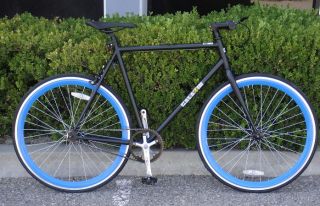 Bike Fixie Bike Road Bicycle 58cm Black w Deep 43mm Blue Rims