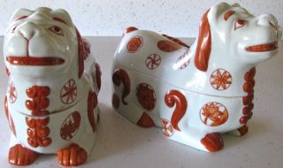 Pair Vintage Chinese Porcelain Fu Foo Dog Boxes