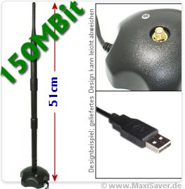 500mW Wlan USB Adapter Stick + 12dBi (51cm lang) Antenne + 802.11b/g/n