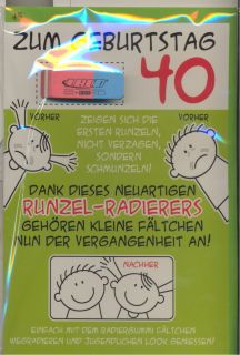 Geburtstagskarte Kuvert Avan Friends 40. Geburtstag Runzel Radierer