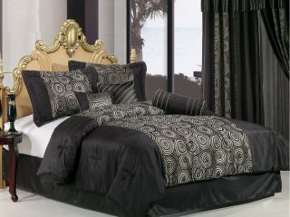 7pcs Black Faux Silk Embroidery Swirl Comforter Bed In A Bag Set Queen
