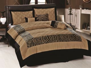 7pcs Camel Black Chenille Zebra Quilted Comforter Bed in a bag Set