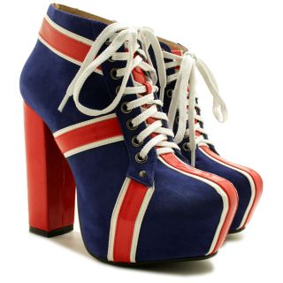 Neu Damen GB Union Jack Ankle Boots Schuhe Blockabsatz Plateau Gr 36