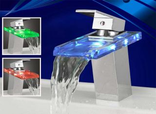 RGB Waschbecken Armatur Glas Wasserfall Wasserhahn Wasch Tisch