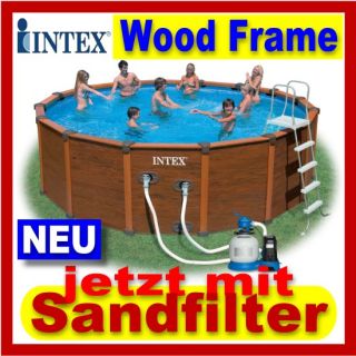 INTEX Wood Grain Frame Pool 478 x 124 cm Schwimmbecken + Sandfilter