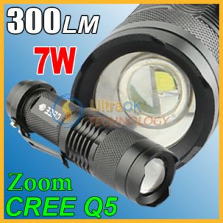 300Lm Adjustable focus Zoom In/Out CREE Q5 LED 7 W Mini Flashlight