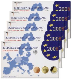 Euro Kursmünzensatz KMS BRD 2008 Prägestätten A/D/F/G/J (PP) mit