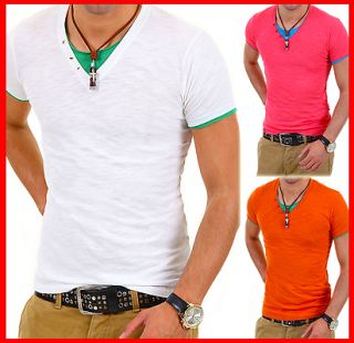 Deep V Neck T Shirt 2in1 Optik Party Hemd Weiß/Blau/Pink