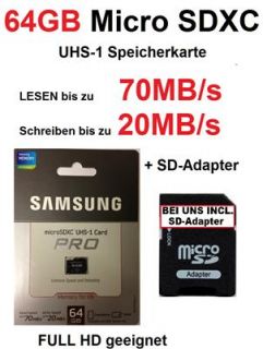 64GB Micro SDXC SDHC Speicherkarte Samsung Pro + SD Adapter max. 70MB