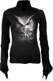 Gothic Fantasy T Shirt Longsleeve Bluse schwarz Baumwolle Eule Uhu 42