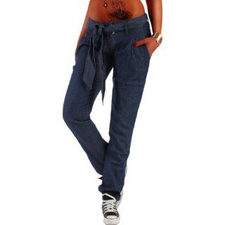 Stylische Damen Hüft Chino Pump Jeans Hose Blau mit Jeansgürtel 34