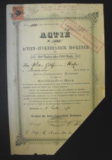 am Harz Actien Zuckerfabrik Actie Aktie 400 Thaler 1875