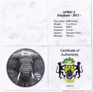 Gabun 2000 Francs Elefant elephant 2012 Afrika Antique Finish 3 OZ