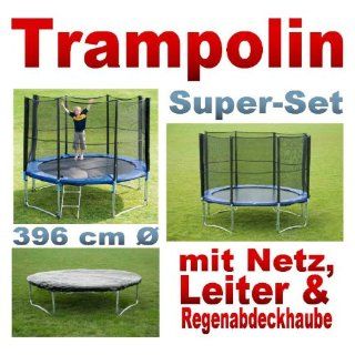 Trampolin 396 cm Ø incl. Sicherheitsnetz, Leiter und Regenabdeckhaube