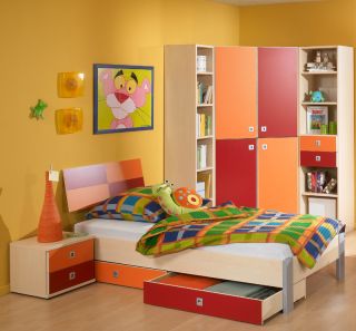 NEU* Komplett Jugendzimmer 7tlg Ahorn orange Kinderzimmer Jugendbett