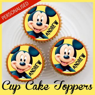 MICKEY MOUSE Rice Paper Cup Cake Toppers.Personalised with chosen Name