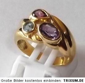 eleganter Ring 750 Gold 18K 6,3 g Gr. 55 56 Amethyst+Granat+Blautopas