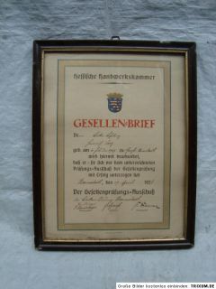 Alter Gesellenbrief Hessische Handwerkskammer Darmstadt 1925 mit