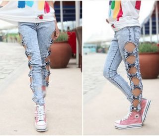 Vintage Detailed Woman Side Bow Cutout Ripped Denim Sexy Jeans