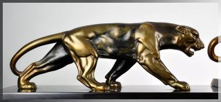 Huge 1920s French ART DECO PANTHER Group SCULPTURE, Metal on Marble
