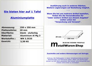 Aluminium Platte 250 x 250 x 20 mm Aluminiumblech / 724