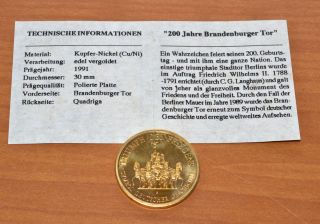 Medaille 200 Jahre Brandenburger Tor Kupfer Nickel edel vergoldet PP