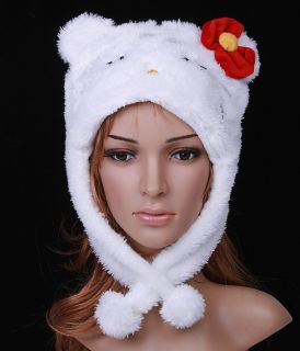 New Lovely Cartoon Animal Cute Cat Plush Soft Warm Cap Hat Scarf White