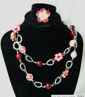 46 cm lange Hibiskus Kette 6 Blüten+bemalte Perlen rot