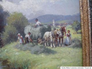 Hans Treiber Bei der Heuernte Original  Gemälde Öl auf Leinwand