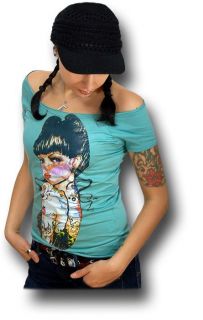 TATTOO Rockabilly Girl Pin Up Shirt Batcave Emo Punk   Türkis   RM801