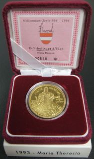 Muenze Osterreich Maria Theresia 1993 1000 Schilling 16 g Gold PP im