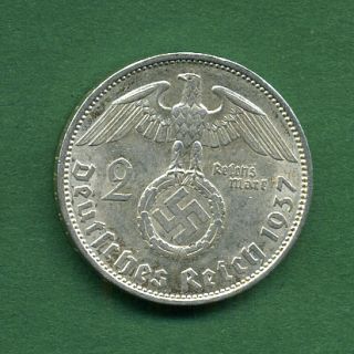 NC8 DRITTES REICH 2 REICHSMARK 1937 A BERLIN HINDENBURG Silber Silver